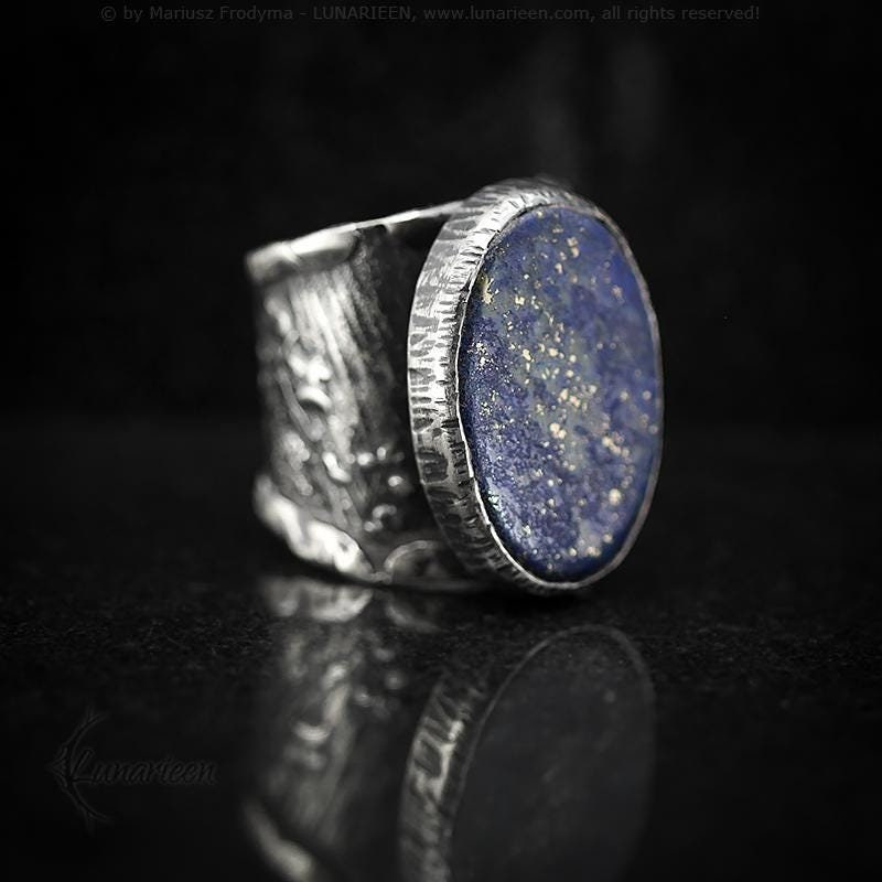 Mix Metal Brutalist Style Unisex Ring Lapis Lazuli Artisan Jewelry Sterling Silver & Silver Plated Brass Gothic Antique Hammered Metalsmith