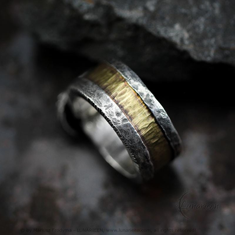 Handcrafted Rustic Silver and Brass Brutalist Rugged Oxidized Wide Band Unisex Large Ring Artisan Hammered Metalsmith Cross Crucifix Ring