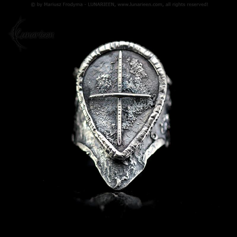 Gothic Antique Rustic Sterling Silver Rugged Oxidized Unisex Large Ring Artisan Jewelry Hammered Metalsmith Cross Crucifix Catholic Ring