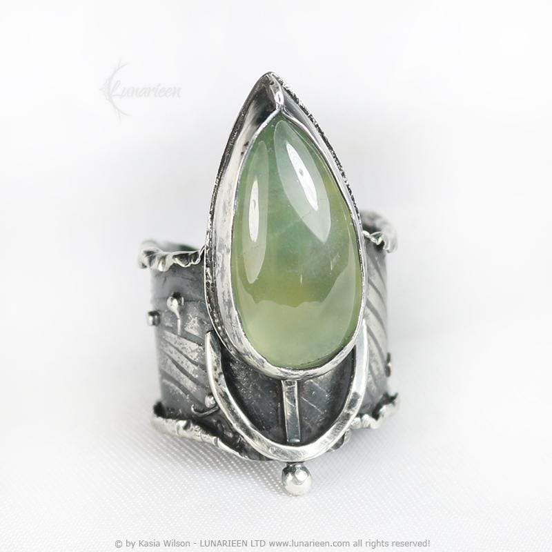 Mix Metal Brutalist Style Ring Prehnite Artisan Jewelry Sterling Silver and Silver Plated Brass Gothic Cocktail Hammered Ring Metalsmith