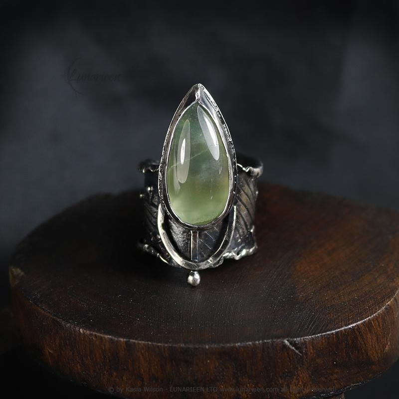 Mix Metal Brutalist Style Ring Prehnite Artisan Jewelry Sterling Silver and Silver Plated Brass Gothic Cocktail Hammered Ring Metalsmith