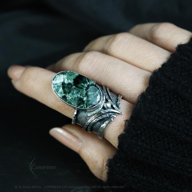 Handcrafted Brutalist Ring Textured Modern Seraphinite Artisan Jewelry Oxidized Sterling Silver Gothic Hammered Trendy Unique Statement Ring