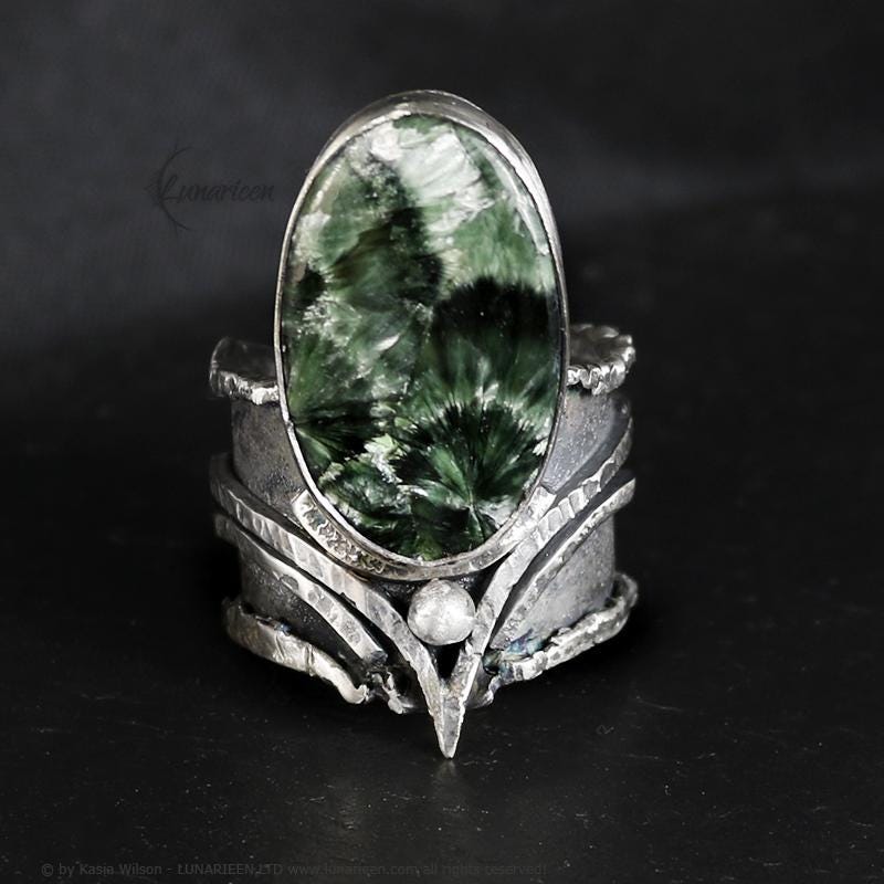 Handcrafted Brutalist Ring Textured Modern Seraphinite Artisan Jewelry Oxidized Sterling Silver Gothic Hammered Trendy Unique Statement Ring