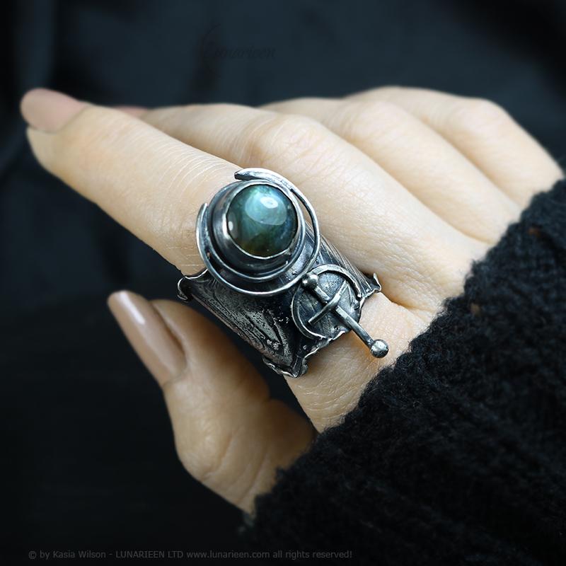 Textured Brutalist Style Ring Labradorite Artisan Jewelry Sterling Silver and Silver Plated Brass Gothic Cocktail Cross Modern Witchy Ring