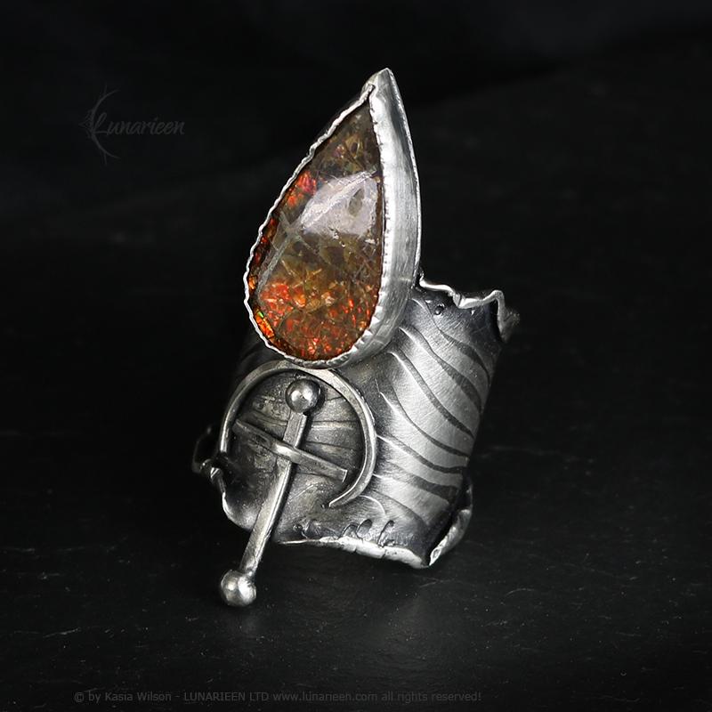 Textured Brutalist Style Ring Ammolite Artisan Jewelry Sterling Silver and Silver Plated Brass Gothic Cocktail Cross Modern Witchy Ring