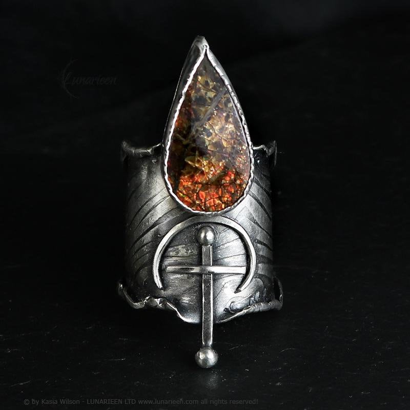 Textured Brutalist Style Ring Ammolite Artisan Jewelry Sterling Silver and Silver Plated Brass Gothic Cocktail Cross Modern Witchy Ring