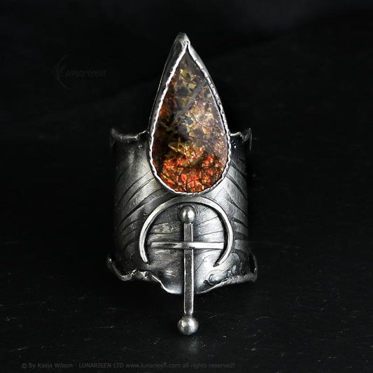 Textured Brutalist Style Ring Ammolite Artisan Jewelry Sterling Silver and Silver Plated Brass Gothic Cocktail Cross Modern Witchy Ring