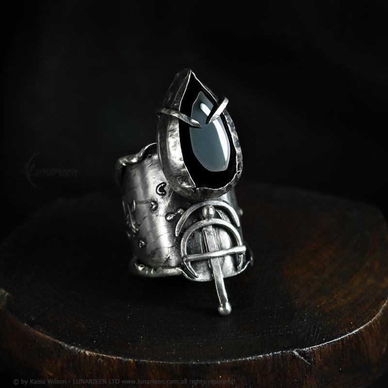 Textured Brutalist Style Ring Black Onyx Artisan Jewelry Sterling Silver and Silver Plated Brass Gothic Cocktail Cross Modern Witchy Ring