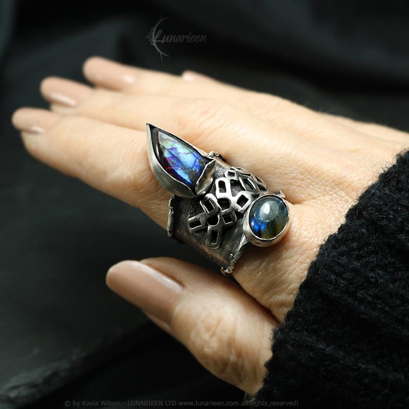 Handcrafted Brutalist Ring Textured Modern Labradorite Artisan Jewelry Oxidized Sterling Silver Gothic Hammered Trendy Unique Statement Ring