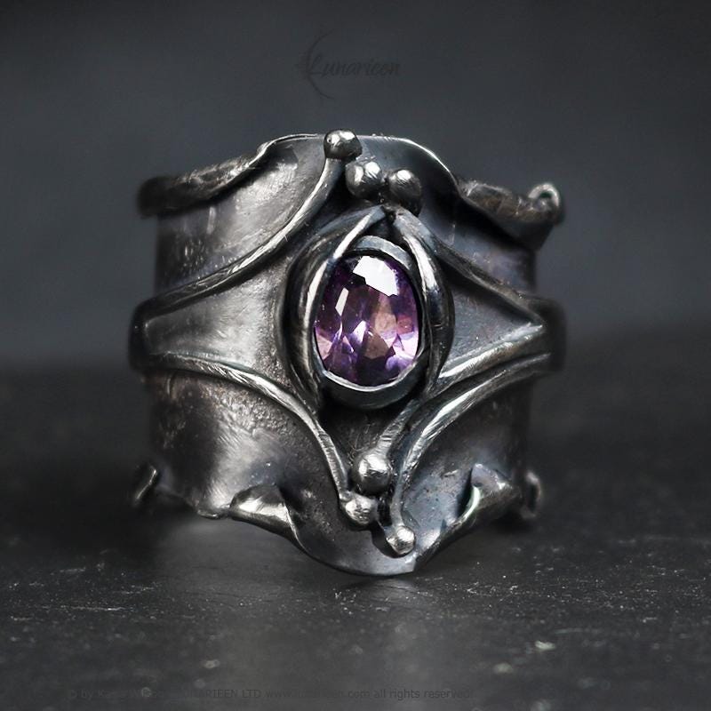 Handcrafted Brutalist Ring Textured Modern Amethyst Artisan Jewelry Oxidized Sterling Silver Gothic Hammered Trendy Unique Statement Ring