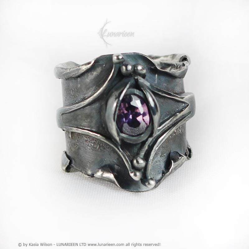 Handcrafted Brutalist Ring Textured Modern Amethyst Artisan Jewelry Oxidized Sterling Silver Gothic Hammered Trendy Unique Statement Ring