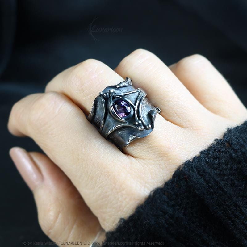 Handcrafted Brutalist Ring Textured Modern Amethyst Artisan Jewelry Oxidized Sterling Silver Gothic Hammered Trendy Unique Statement Ring