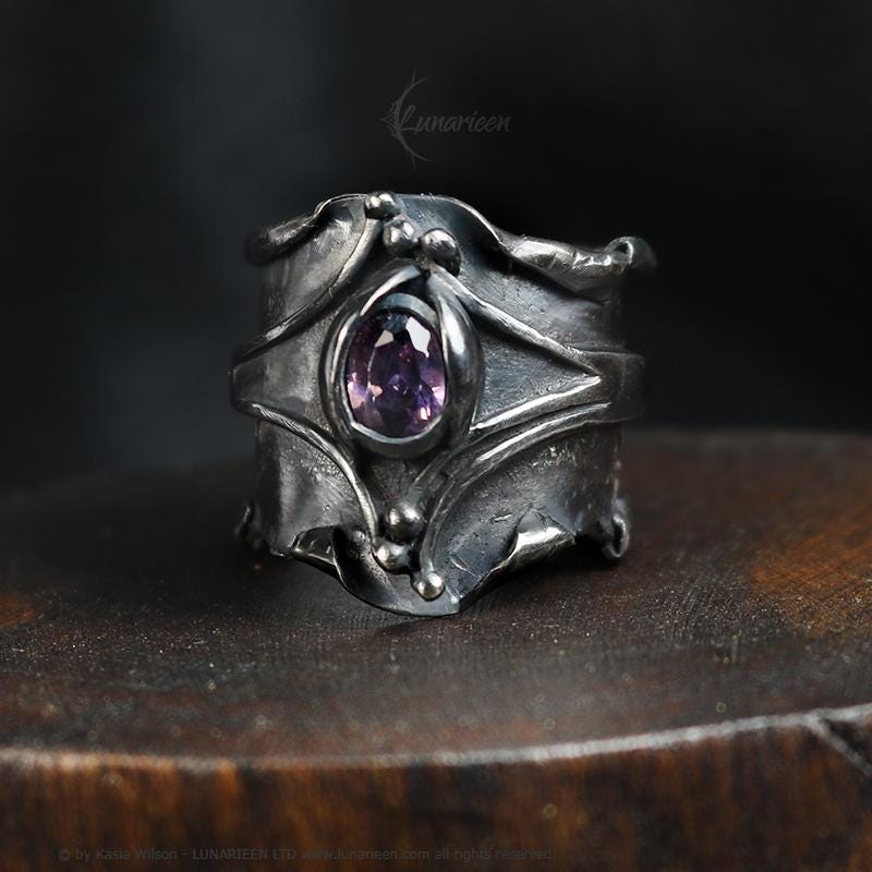 Handcrafted Brutalist Ring Textured Modern Amethyst Artisan Jewelry Oxidized Sterling Silver Gothic Hammered Trendy Unique Statement Ring