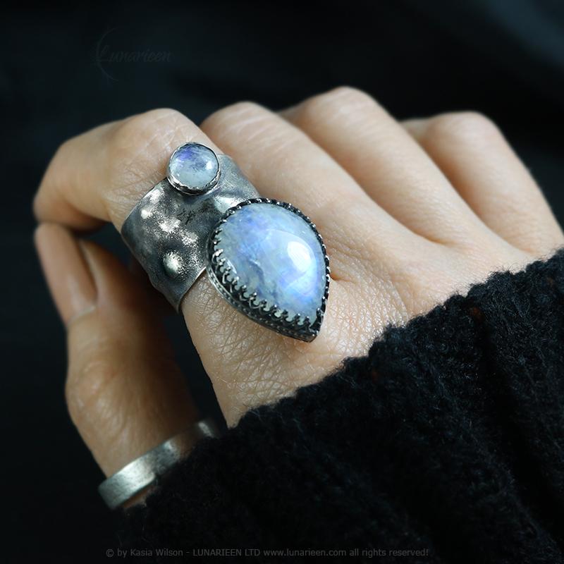 Handcrafted Brutalist Ring Textured Modern Moonstone Artisan Jewelry Oxidized Sterling Silver Gothic Hammered Trendy Unique Statement Ring