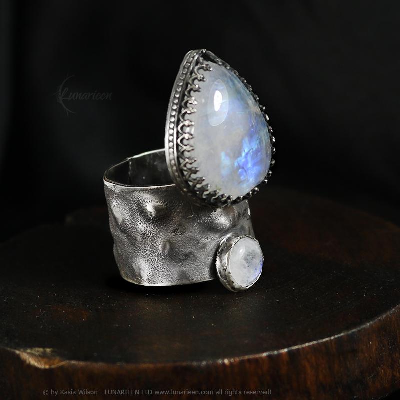 Handcrafted Brutalist Ring Textured Modern Moonstone Artisan Jewelry Oxidized Sterling Silver Gothic Hammered Trendy Unique Statement Ring