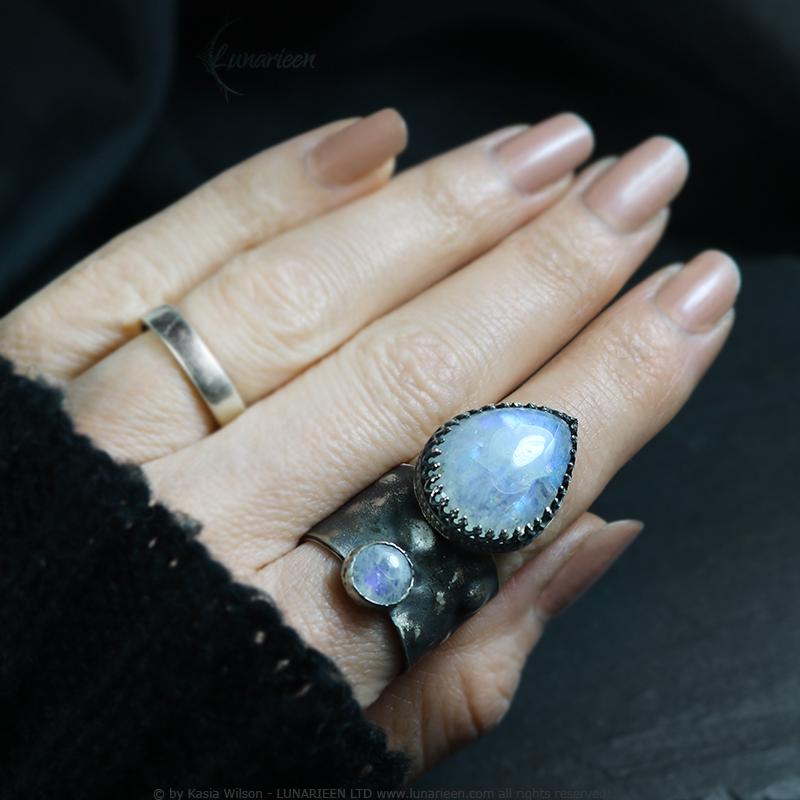 Handcrafted Brutalist Ring Textured Modern Moonstone Artisan Jewelry Oxidized Sterling Silver Gothic Hammered Trendy Unique Statement Ring