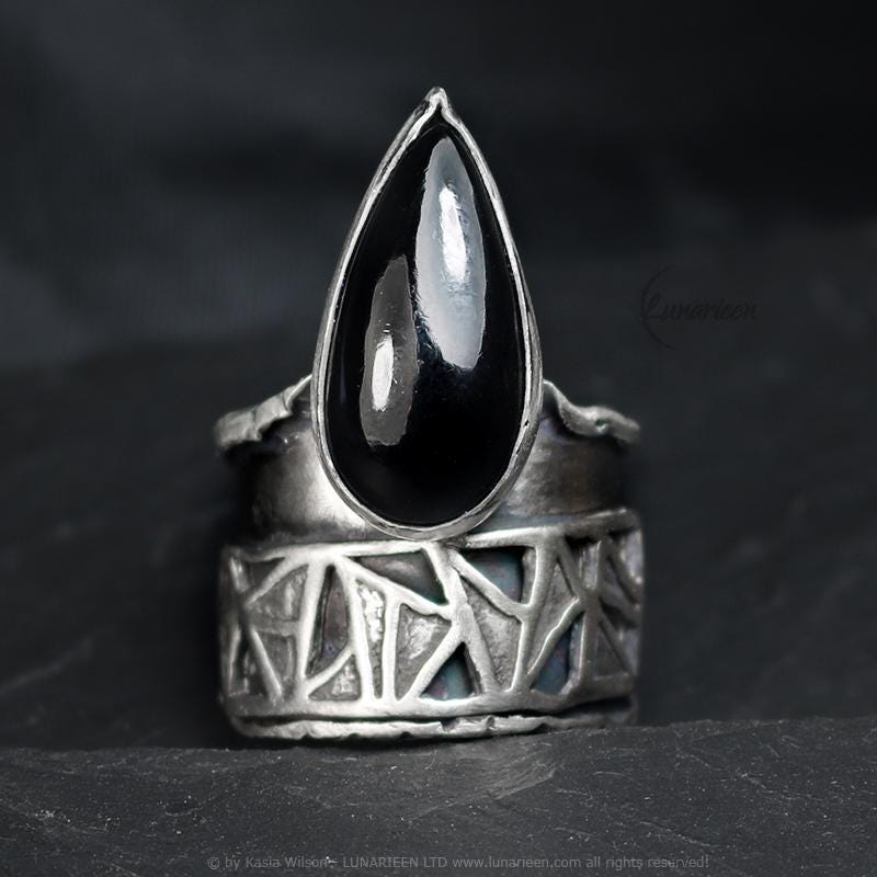 Handcrafted Brutalist Ring Textured Modern Black Onyx Artisan Jewelry Oxidized Sterling Silver Gothic Hammered Trendy Unique Statement Ring