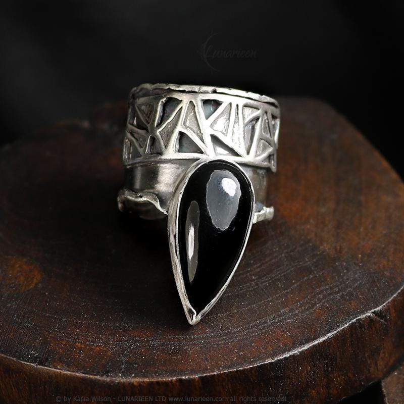 Handcrafted Brutalist Ring Textured Modern Black Onyx Artisan Jewelry Oxidized Sterling Silver Gothic Hammered Trendy Unique Statement Ring