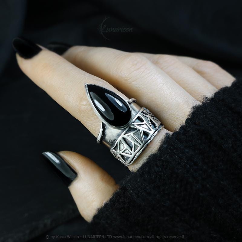 Handcrafted Brutalist Ring Textured Modern Black Onyx Artisan Jewelry Oxidized Sterling Silver Gothic Hammered Trendy Unique Statement Ring