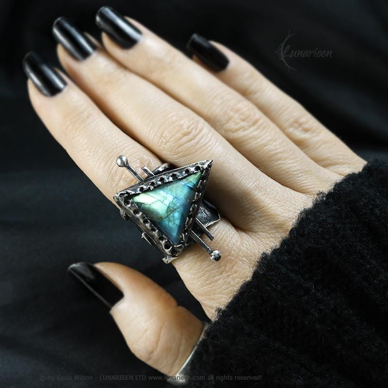 Textured Brutalist Style Ring Labradorite Artisan Jewelry Sterling Silver and Silver Plated Brass Gothic Cocktail Cross Modern Witchy Ring