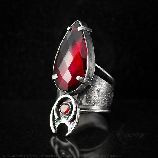 Handcrafted Rustic Brutalist Ring Textured Modern Faceted Red Quartz Oxidized Sterling Silver Gothic Trendy Jewelry Unique Statement Ring