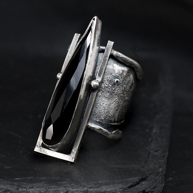 Handcrafted Brutalist Ring Textured Modern Black Onyx Artisan Jewelry Oxidized Sterling Silver Gothic Hammered Trendy Unique Statement Ring