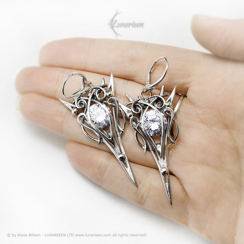 Sterling Silver earrings gift for her elven fantasy wire wrap silver earrings gothic witchy jewelry cubic zirconia vampire trendy fashion