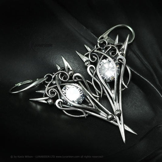 Sterling Silver earrings gift for her elven fantasy wire wrap silver earrings gothic witchy jewelry cubic zirconia vampire trendy fashion