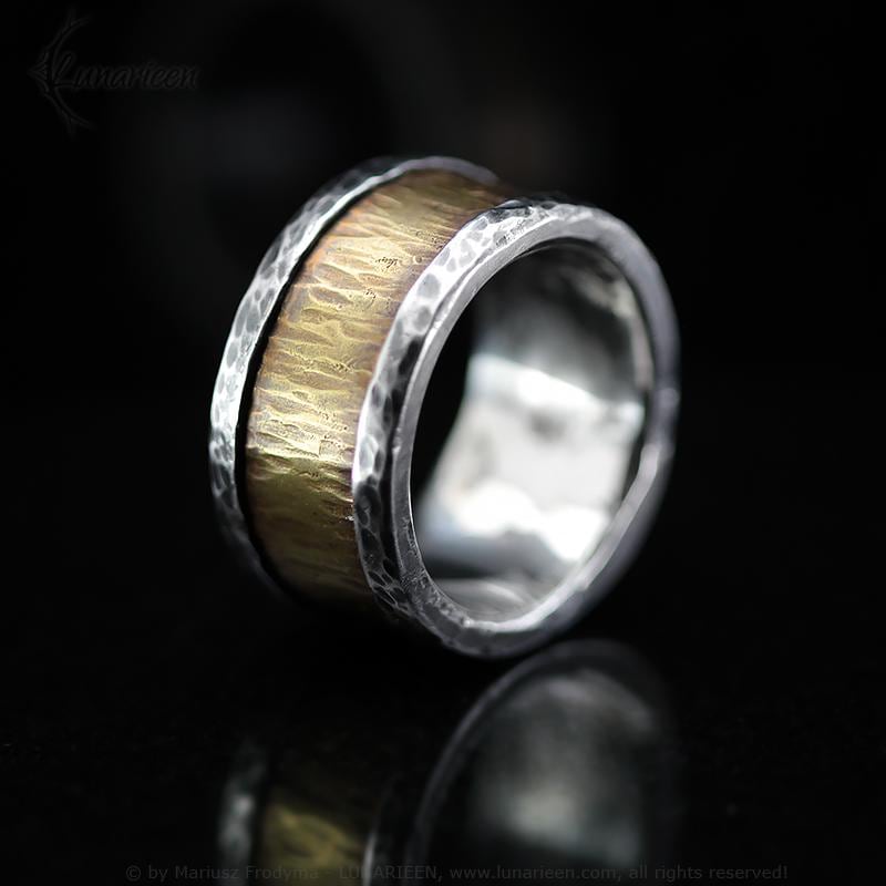 Handcrafted Rustic Fine Silver and Brass Ring Hammered Artisan Textured Oxidized Wedding Engagement Mens Band