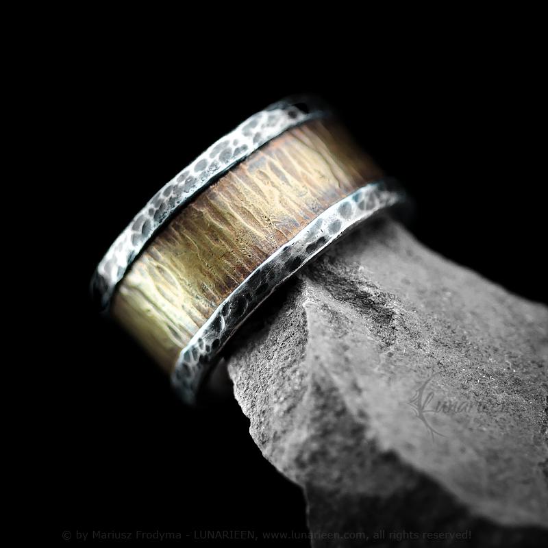 Handcrafted Rustic Fine Silver and Brass Ring Hammered Artisan Textured Oxidized Wedding Engagement Mens Band