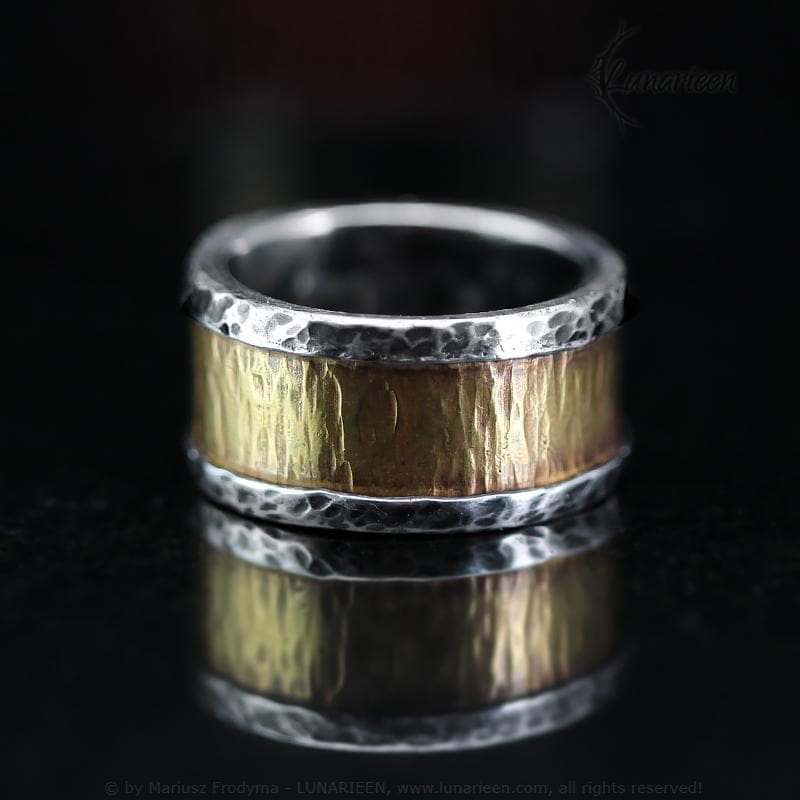 Handcrafted Rustic Fine Silver and Brass Ring Hammered Artisan Textured Oxidized Wedding Engagement Mens Band