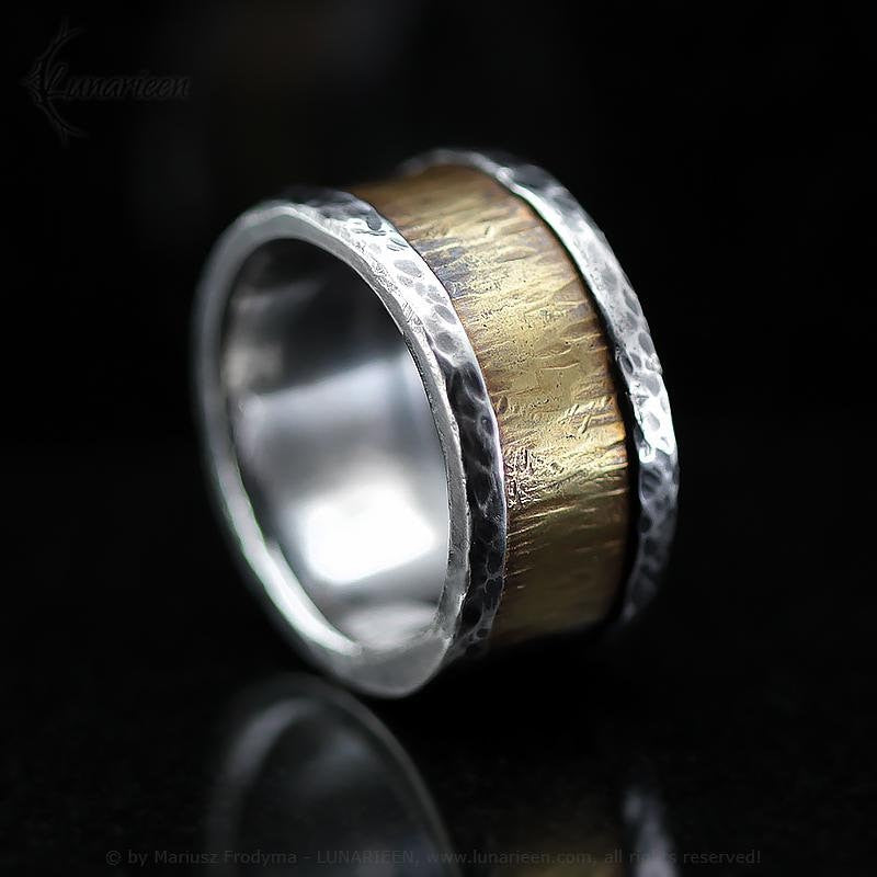 Handcrafted Rustic Fine Silver and Brass Ring Hammered Artisan Textured Oxidized Wedding Engagement Mens Band