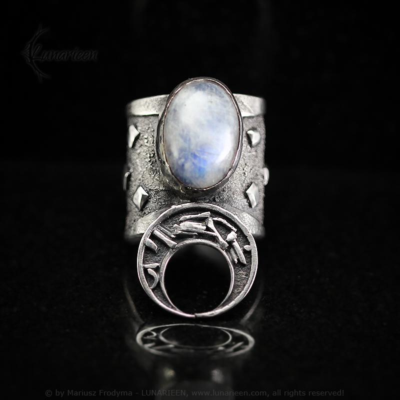 Handcrafted Rustic Sterling Silver Brutalist Style Crescent Moon Moonstone Artisan Jewelry Gothic Metalsmith Hammered Unique Statement Ring