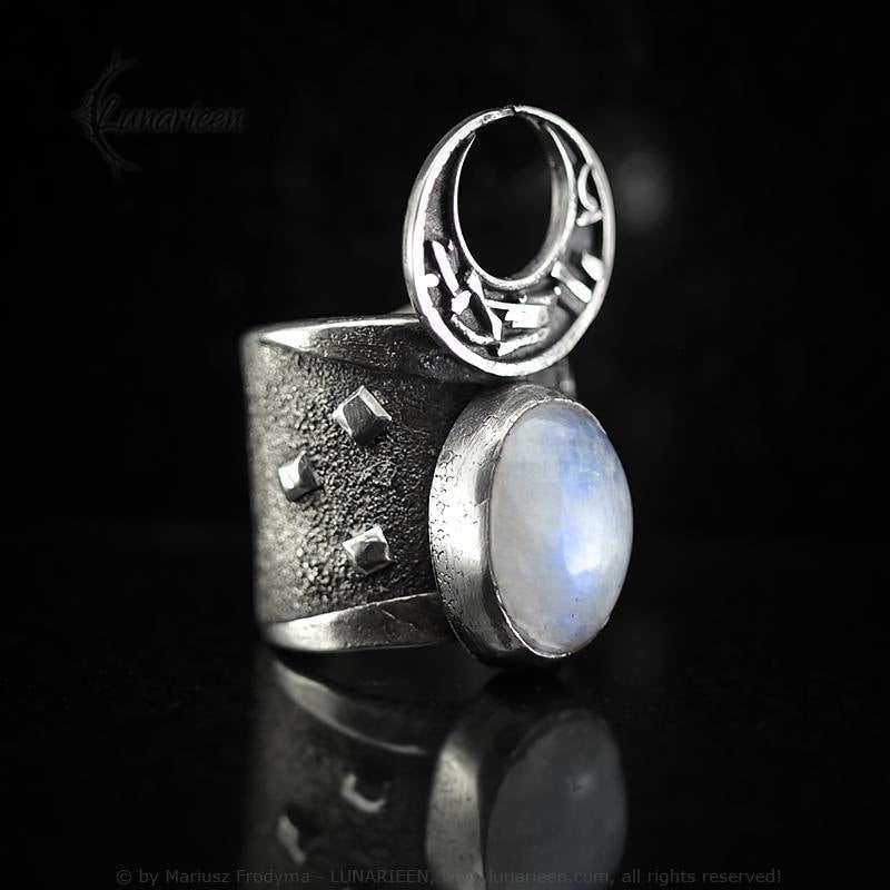 Handcrafted Rustic Sterling Silver Brutalist Style Crescent Moon Moonstone Artisan Jewelry Gothic Metalsmith Hammered Unique Statement Ring