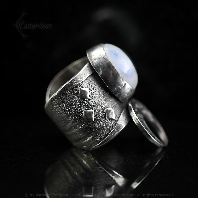 Handcrafted Rustic Sterling Silver Brutalist Style Crescent Moon Moonstone Artisan Jewelry Gothic Metalsmith Hammered Unique Statement Ring