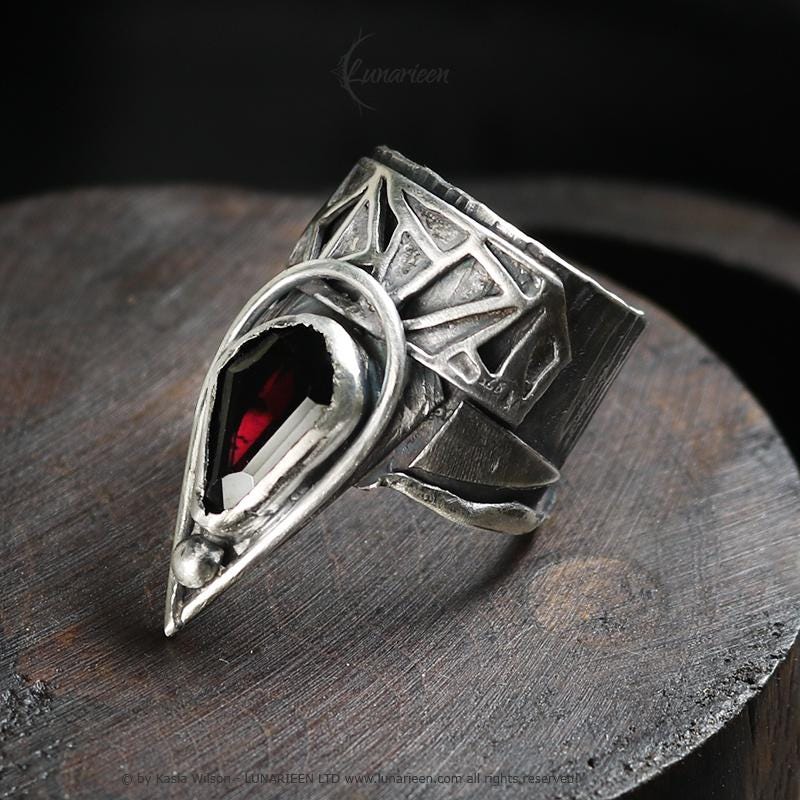 Handcrafted Brutalist Ring Textured Modern Garnet Artisan Jewelry Oxidized Sterling Silver Gothic Hammered Trendy Unique Statement Ring