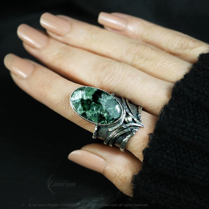 Handcrafted Brutalist Ring Textured Modern Seraphinite Artisan Jewelry Oxidized Sterling Silver Gothic Hammered Trendy Unique Statement Ring