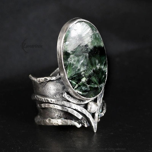 Handcrafted Brutalist Ring Textured Modern Seraphinite Artisan Jewelry Oxidized Sterling Silver Gothic Hammered Trendy Unique Statement Ring