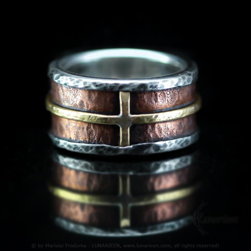 Handcrafted Rustic Fine Silver Brass Copper Cross Ring Hammered Artisan Textured Oxidized Wedding Engagement Mens Band