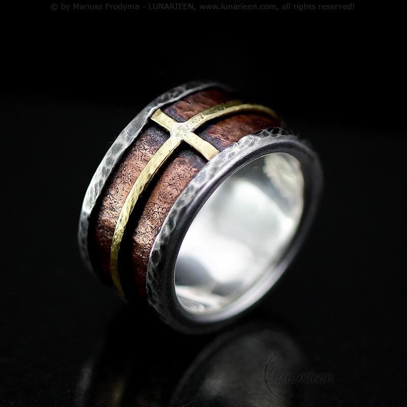 Handcrafted Rustic Fine Silver Brass Copper Cross Ring Hammered Artisan Textured Oxidized Wedding Engagement Mens Band