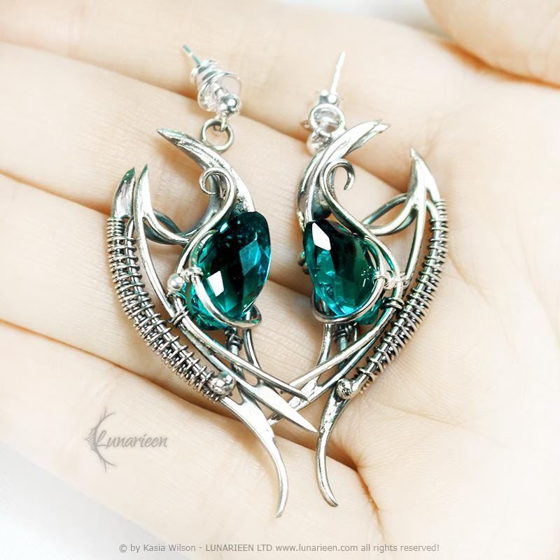 Sterling Silver earrings gift for her elven fantasy wire wrap silver earrings gothic witchy jewelry green quartz vampire elven jewellery