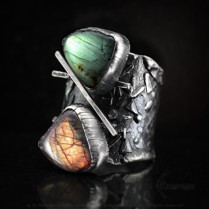 Handmade Textured Brutalist Style Ring Labradorite Artisan Sterling Silver a Silver Plated Brass Gothic Modern Rustic Oxidized Jewelry