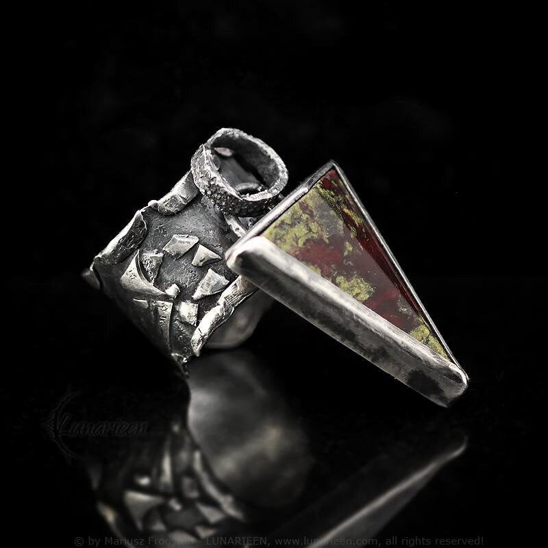 Handcrafted Sterling Silver Rustic Artisan Jewelry Brutalist Dragon Blood Jasper Gothic Metalsmith Hammered Unique Unique Statement Ring