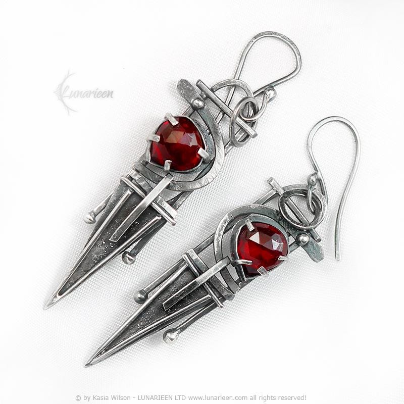 Handcrafted Rustic Brutalist Earrings Textured Modern Red Quartz Sterling Silver Gothic Trendy Jewelry Unique Gothic Witchy Gift for her