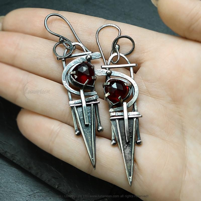 Handcrafted Rustic Brutalist Earrings Textured Modern Red Quartz Sterling Silver Gothic Trendy Jewelry Unique Gothic Witchy Gift for her