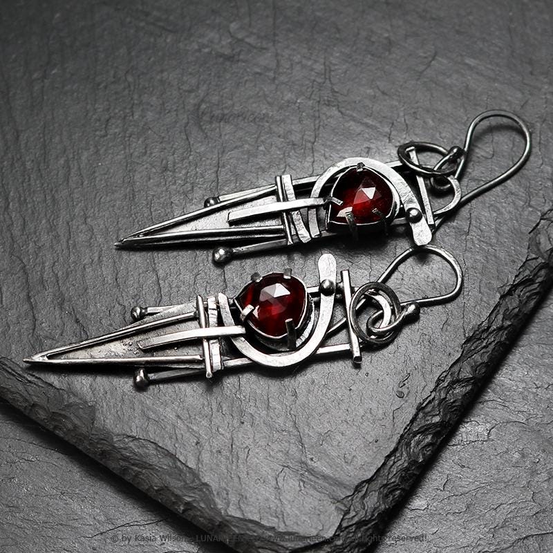 Handcrafted Rustic Brutalist Earrings Textured Modern Red Quartz Sterling Silver Gothic Trendy Jewelry Unique Gothic Witchy Gift for her