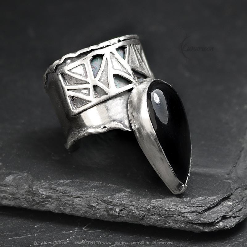 Handcrafted Brutalist Ring Textured Modern Black Onyx Artisan Jewelry Oxidized Sterling Silver Gothic Hammered Trendy Unique Statement Ring