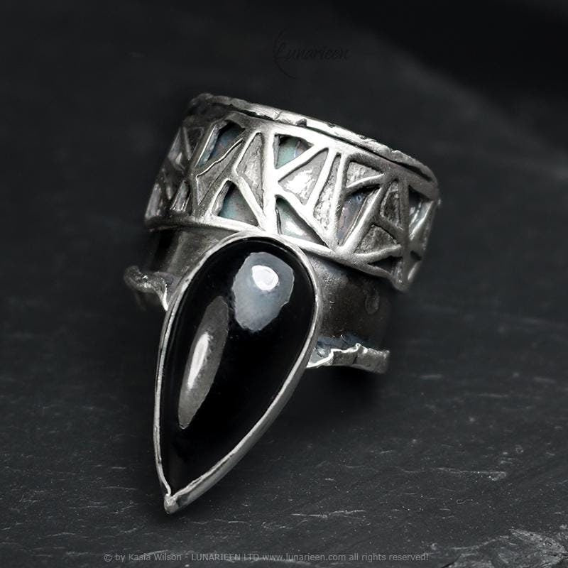 Handcrafted Brutalist Ring Textured Modern Black Onyx Artisan Jewelry Oxidized Sterling Silver Gothic Hammered Trendy Unique Statement Ring