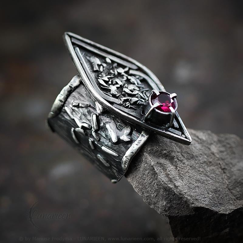 Rustic Molten Sterling Silver & Silver Plated Brass Ruby Cubic Zirconia Gothic Antique Hammered Ring Metalsmith Unisex Artisan Jewelry