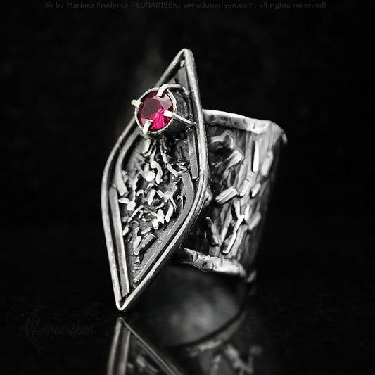 Rustic Molten Sterling Silver & Silver Plated Brass Ruby Cubic Zirconia Gothic Antique Hammered Ring Metalsmith Unisex Artisan Jewelry